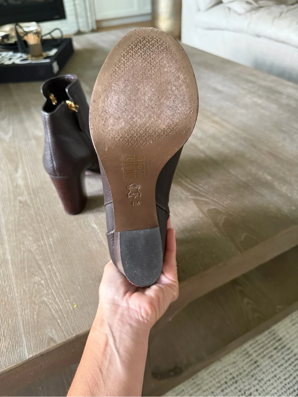 Tory Burch Dark Brown Pebbled Leather Booties Gold Logo Stacked Heel Sz 7